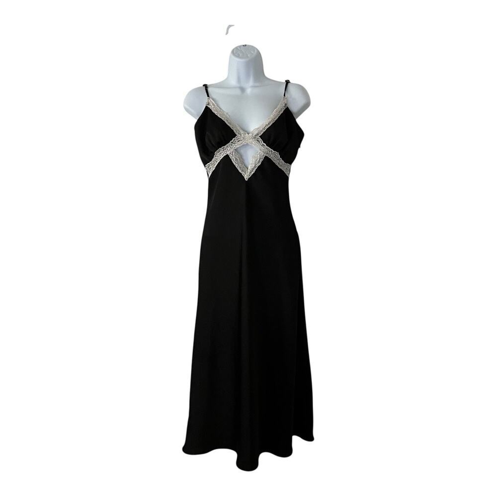 Forever 21 Slip Dress Womens Medium Black Satin Cut Out White Lace Sexy Glam